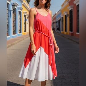 J.B.S. Coral, Pink & White Colorblock Spaghetti-Strap Maxi Dress